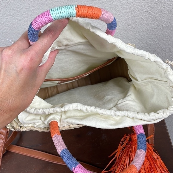 Nordstrom Joni Circular Raffia Straw Woven Bag Beach Boho Summer Tassel - Picture 14 of 15
